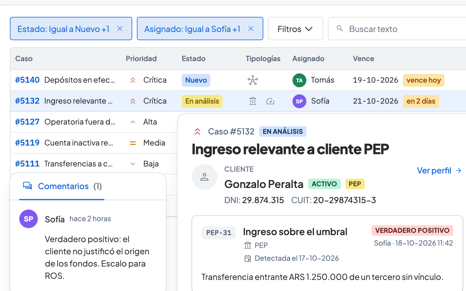 Bandeja de alertas y resolución de un caso